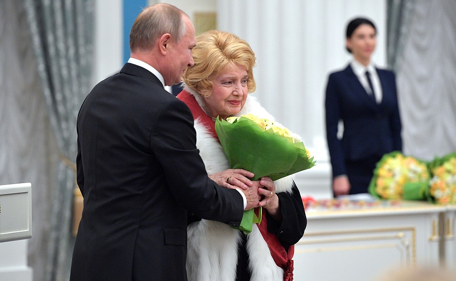 Ceremony for presenting state decorations. The Order for Services to the Fatherland I degree was awarded to Tatyana Doronina, National Artist of the USSR, President of the Maxim Gorky Academic Art Theatre (MKhAT) in Moscow.