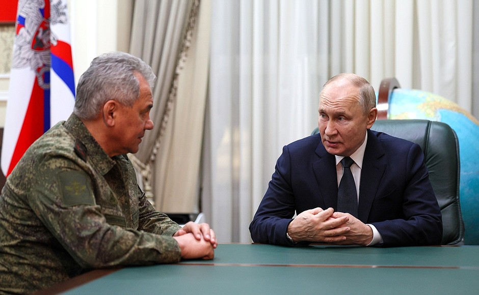 With Defence Minister Sergei Shoigu during the visit to Southern Military District headquarters.
