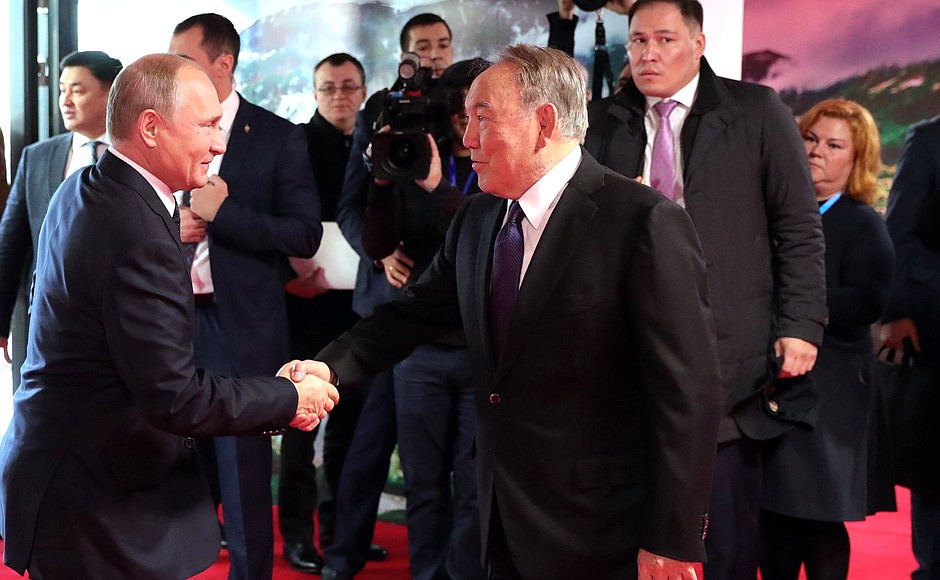 Before visiting the exhibition New Approaches and Trends in the Development of Tourism in Russia and Kazakhstan. With President of the Republic of Kazakhstan Nursultan Nazarbayev.