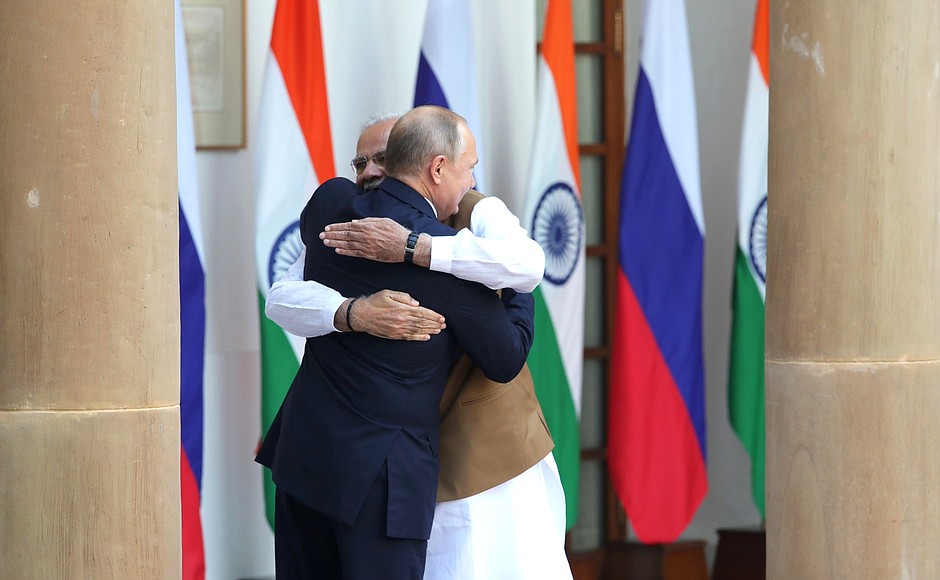 With Prime Minister of India Narendra Modi before the beginning of Russian-Indian talks.