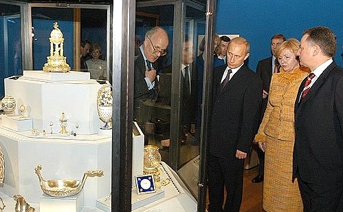 President Putin at the exhibition of Faberge decorations at the Palace of Holyroodhouse.
