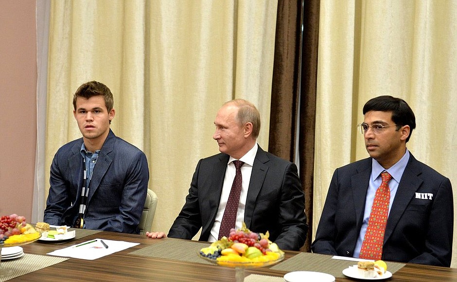 Meeting with contestants in the World Chess Championship final Magnus Carlsen and Viswanathan Anand.