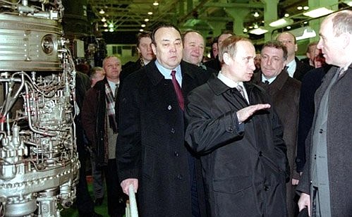 Acting Russian President Vladimir Putin and Bashkir President Murtaza Rakhimov (left) at the Ufa Motor Production Plant (Ufa Motors).