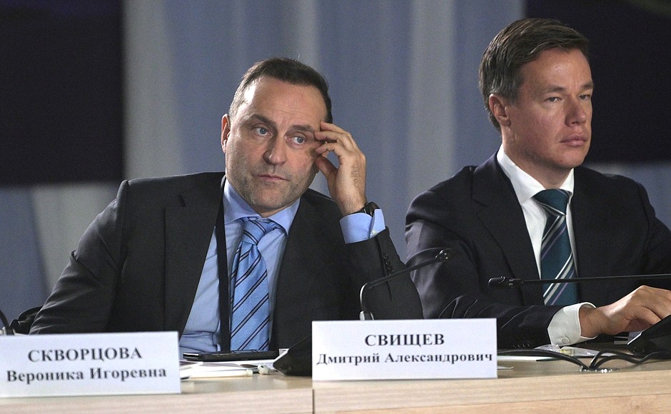 State Duma deputy, President of the Russian Curling Federation Dmitry Svishchev, left, and Marat Filippov, Deputy Head of the Presidential Directorate for Supporting Activities of the State Council, Secretary of the Council for the Development of Physical Culture and Sport, at a meeting of the Council for the Development of Physical Culture and Sport.