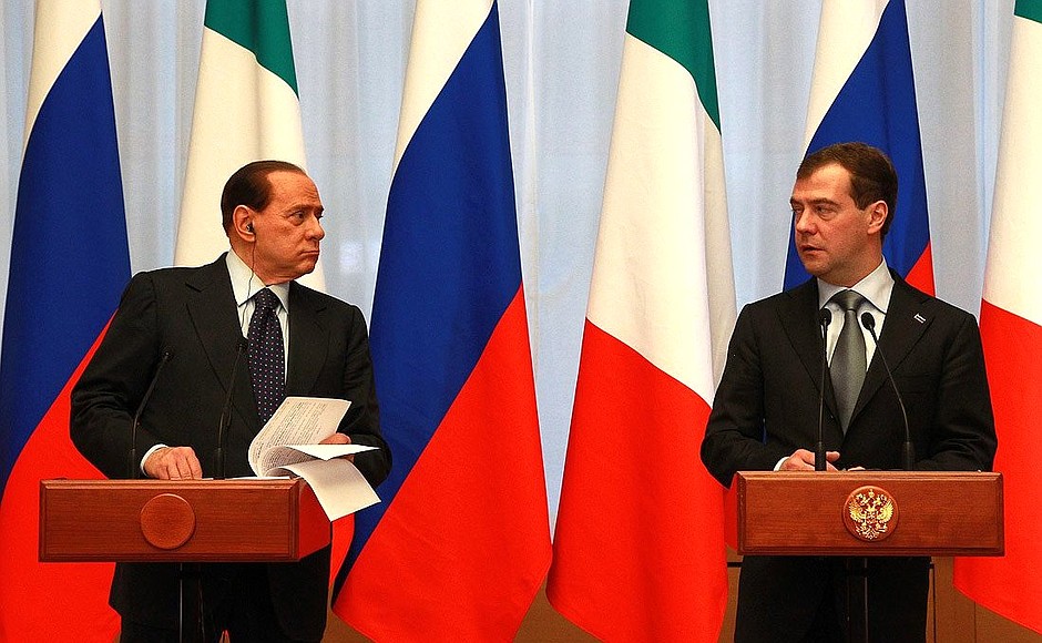 News conference following Russian-Italian consultations. With Italian Prime Minister Silvio Berlusconi.