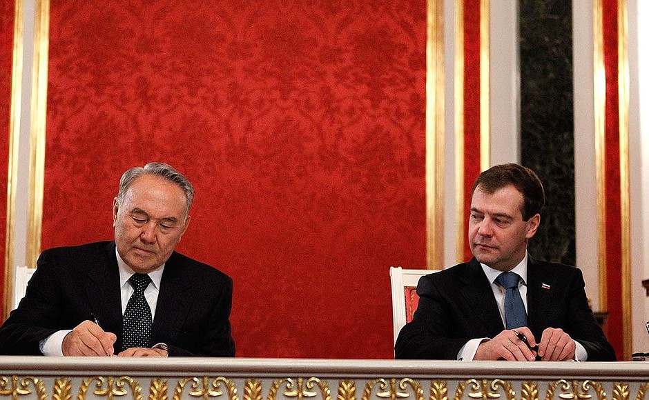 With President of Kazakhstan Nursultan Nazarbayev at a ceremony signing the Joint Action Plan for 2011–2012.
