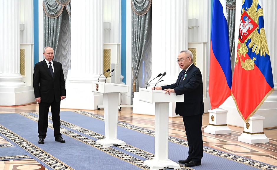 Ceremony for presenting state decorations. Writer and Chairman of the Board of the Union of Writers of the Republic of Altai Brontoi Bedyurov awarded the Order of Friendship.