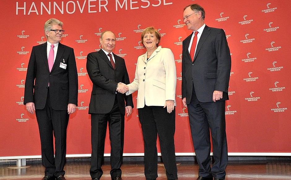 At the opening of the Hannover Messe 2013. With German Federal Chancellor Angela Merkel, Prime Minister of Lower Saxony Stephan Weil, and Rittal CEO Friedhelm Loh.