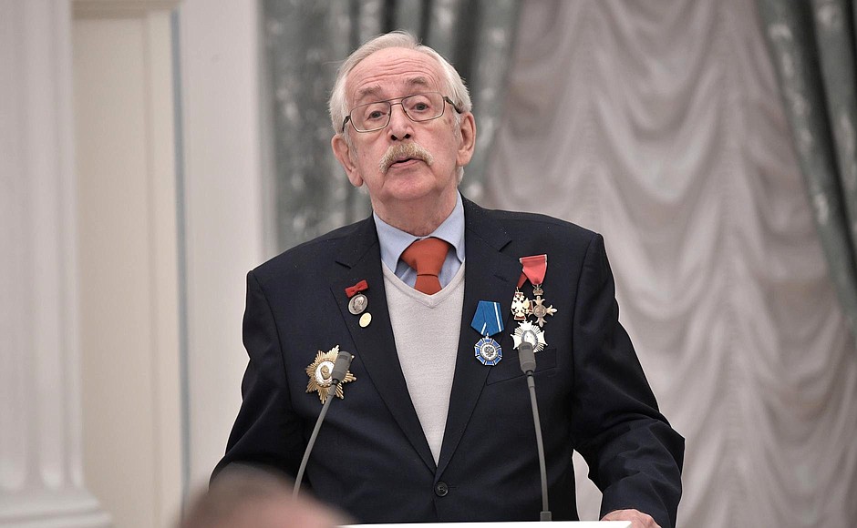 Presentation of state decorations. Vasily Livanov, actor and member of the Russian Union of Cinematographers, is awarded the Order of Honour.