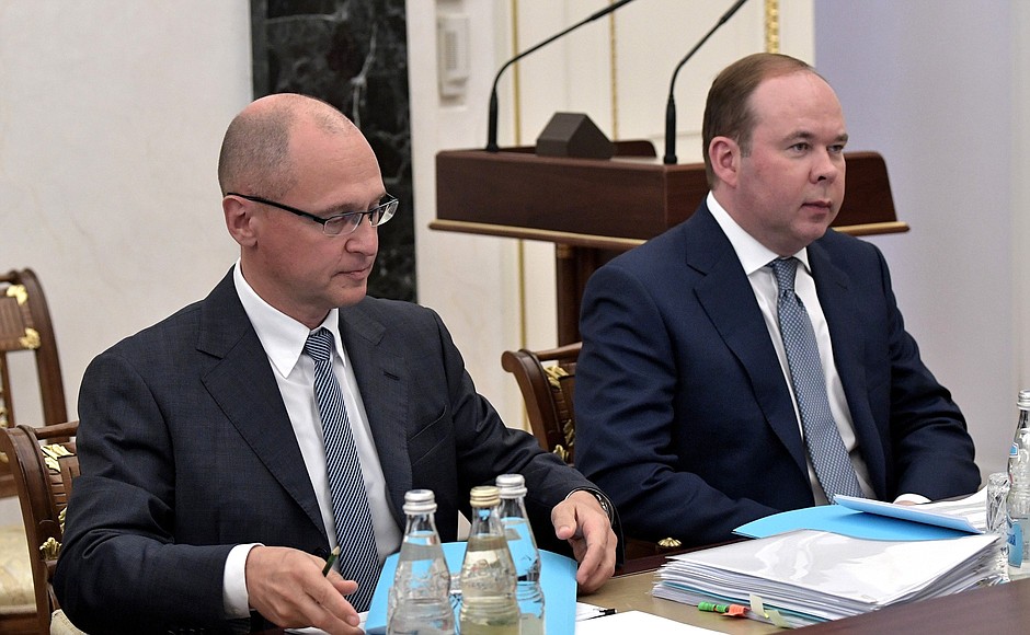Chief of Staff of the Presidential Executive Office Anton Vaino, right, and First Deputy Chief of Staff of the Presidential Executive Office Sergei Kiriyenko before the meeting on preparations for Direct Line with Vladimir Putin.