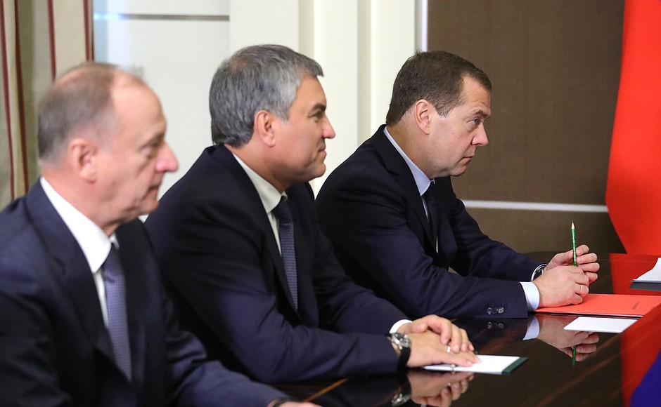 Secretary of the Security Council Nikolai Patrushev (left), State Duma Speaker Vyacheslav Volodin and Prime Minister Dmitry Medvedev at the meeting with permanent members of the Security Council.