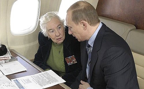 During the flight to Poland with veteran Irina Kharina.