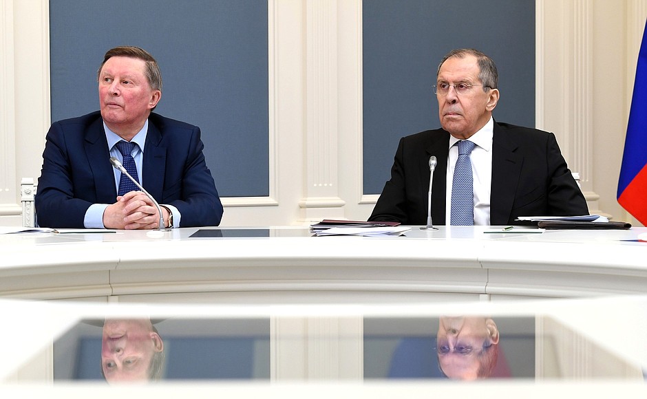 Special Presidential Representative for Environmental Protection, Ecology and Transport Sergei Ivanov, left, and Foreign Minister Sergei Lavrov during a videoconference meeting with permanent members of the Security Council.