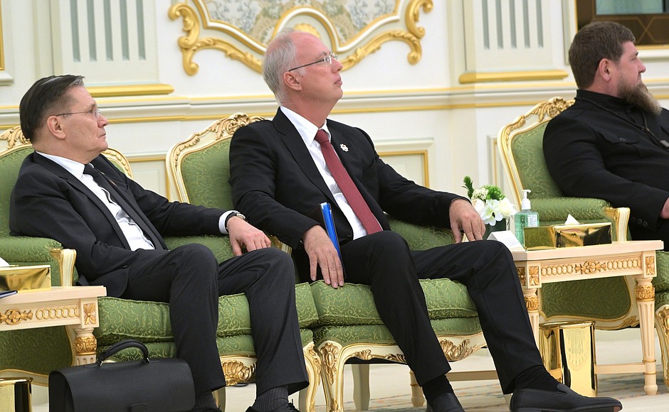 Russian-Saudi talks. From left to right: Director General of the State Atomic Energy Corporation Rosatom Alexei Likhachev, CEO of the Russian Direct Investment Fund (RDIF) Kirill Dmitriev, Head of the Chechen Republic Ramzan Kadyrov.