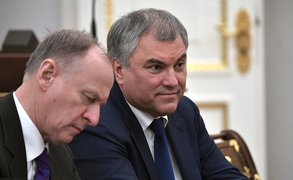 Secretary of the Russian Federation Security Council Nikolai Patrushev, left, and State Duma Speaker Vyacheslav Volodin before a meeting with permanent members of Security Council.