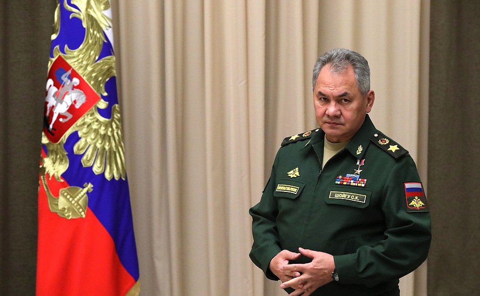 Defence Minister Sergei Shoigu before a meeting with senior officials of the Defence Ministry and top executives of defence industry enterprises on the development of the Russian Navy.
