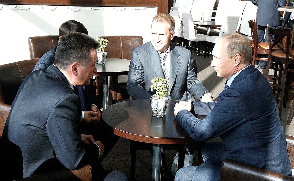 During the visit to the new terminal at the Knevichi Airport. With Governor of the Primorye Territory Vladimir Miklushevsky (left) and First Deputy Prime Minister Igor Shuvalov.