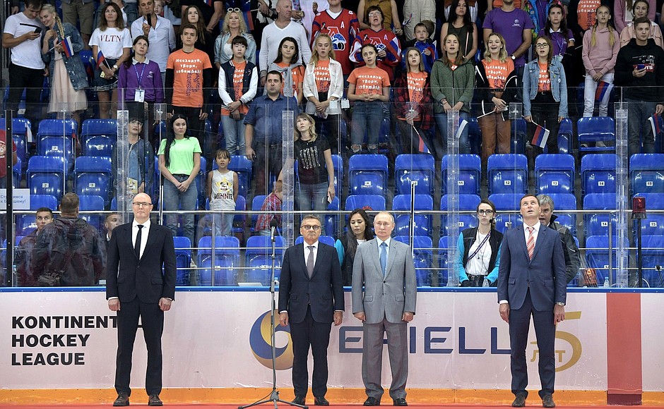 At the opening of the 2019 Sirius Junior Club World Cup. With President of the Kontinental Hockey League Dmitry Chernyshenko, President of the International Ice Hockey Federation and member of the Executive Board of the International Olympic Committee René Fasel, and Managing Director of the Junior Hockey League Alexei Morozov (left).