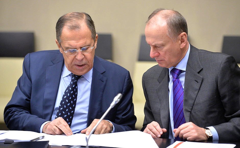 Foreign Minister Sergei Lavrov and Secretary of the Security Council Nikolai Patrushev before the meeting with permanent members of the Security Council.