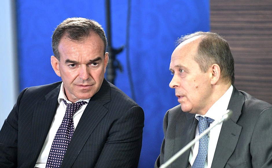 Krasnodar Territory Governor Veniamin Kondratyev (left) and Federal Security Service Director Alexander Bortnikov before the meeting of the Supervisory Board of the 2018 FIFA World Cup Russia Local Organising Committee.