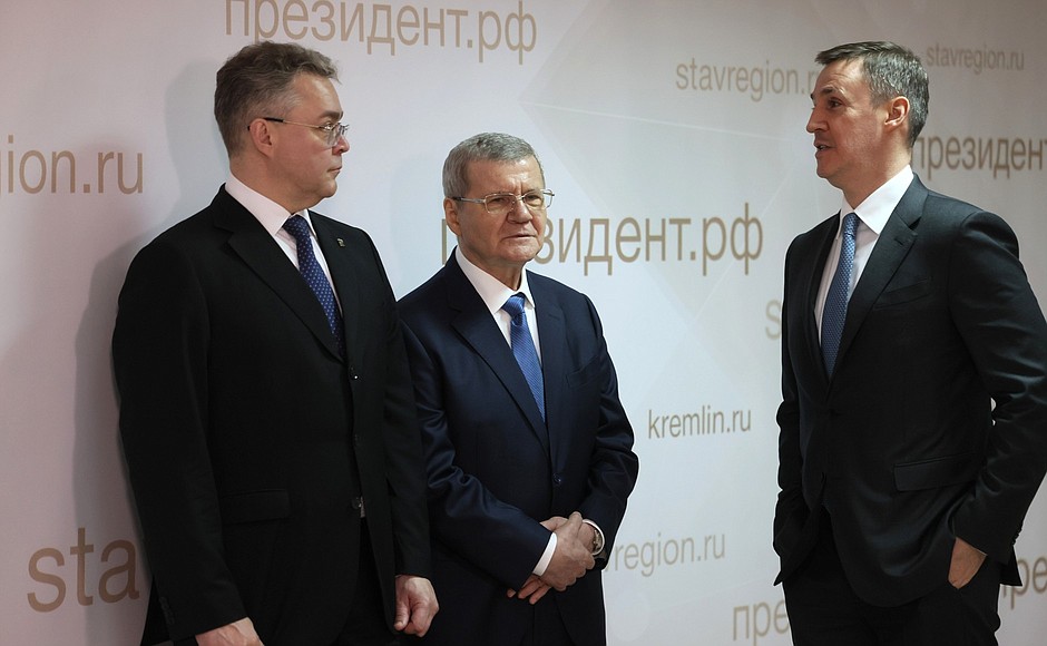 Stavropol Territory Governor Vladimir Vladimirov, Presidential Plenipotentiary Envoy to North Caucasus Federal District Yury Chaika and Agriculture Minister Dmitry Patrushev (from left to right) before the ceremony for launching industrial enterprises in the Leningrad and Belgorod regions and in the Republic of Mordovia (via videoconference).