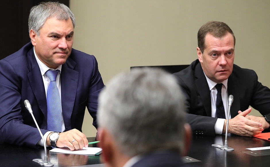 Prime Minister Dmitry Medvedev (right) and State Duma Speaker Vyacheslav Volodin at the meeting with permanent members of the Security Council.