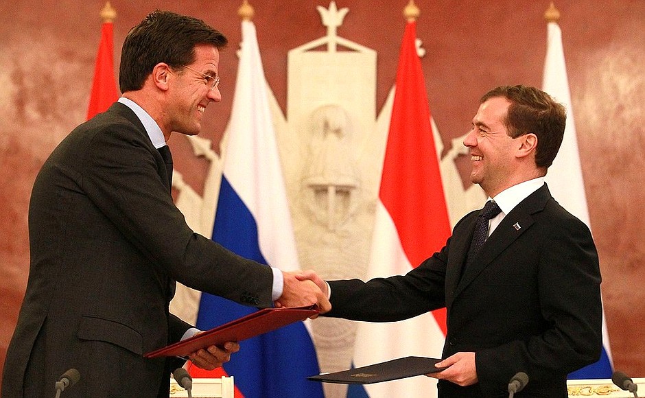 At ceremony of signing Russian-Dutch documents. With Prime Minister of the Netherlands Mark Rutte.
