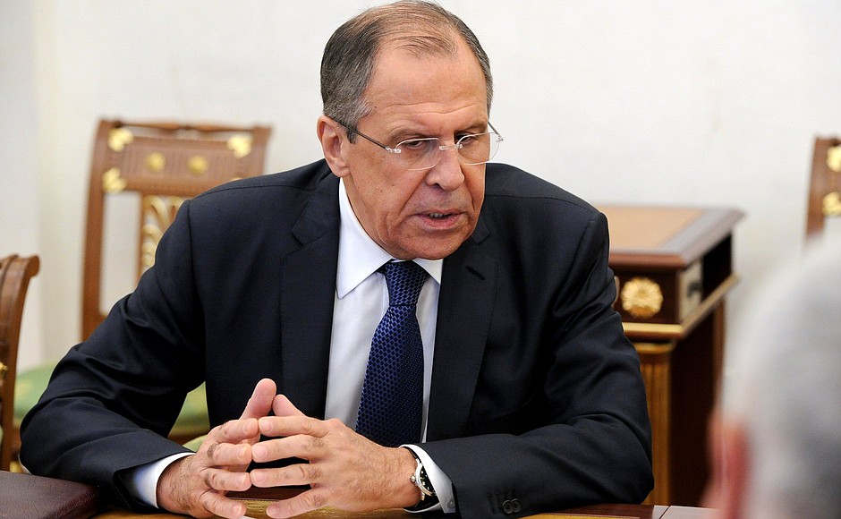 Foreign Minister Sergei Lavrov at a briefing session with permanent members of the Security Council.