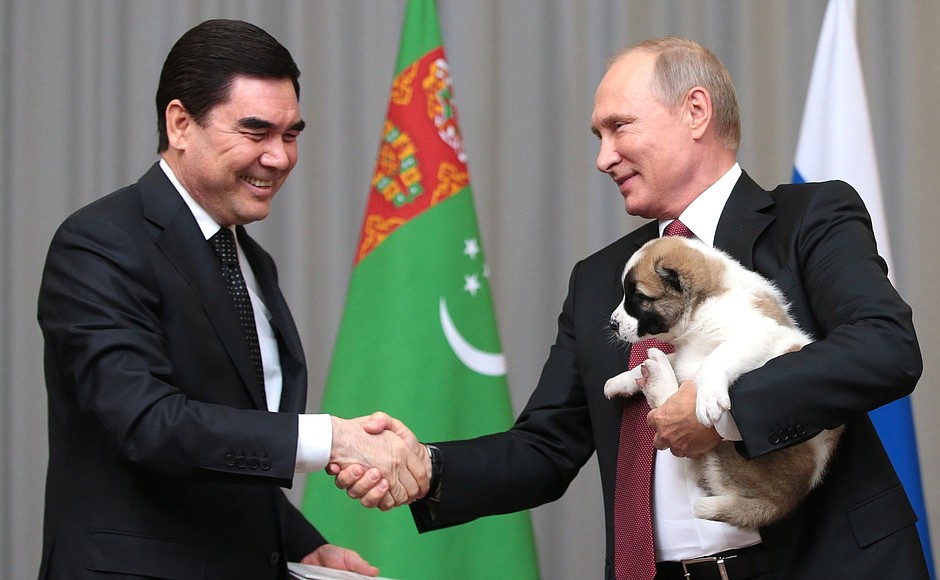 President of Turkmenistan Gurbanguly Berdimuhamedov presented a Central Asian Shepherd (Alabai) puppy to Vladimir Putin.