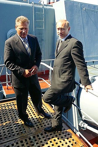 President Putin with Polish President Alexander Kwasniewski on board the missile cruiser Marshal Ustinov.