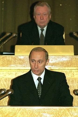President Putin addressing a gala meeting on the 10th anniversary of the Russian Constitutional Court.