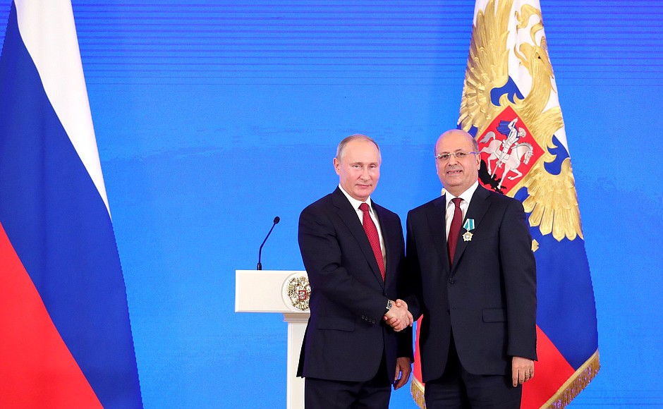 The ceremony for presenting Russian Federation state decorations. Advisor to the Lebanese Prime Minister for Russian Affairs George Shaaban receives the Order of Friendship.