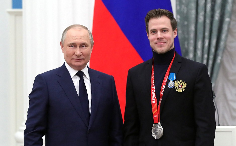 At ceremony for presenting state decorations to gold medallists of the XXIV Olympic Winter Games in Beijing. Nikita Katsalapov, the 2022 Winter Olympics gold medallist in team figure skating event, silver medallist in ice dancing, Merited Master of Sport of Russia, is awarded the Order of Honour.