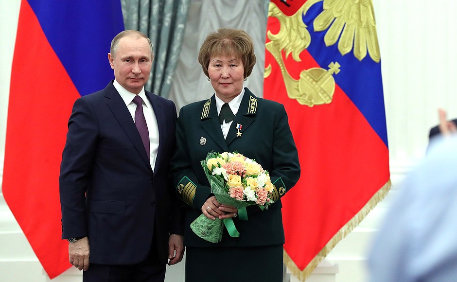 Presentation of the Hero of Labour of the Russian Federation gold medals. The title Hero of Labour is awarded to Varvara Ustinova, head of Khangalas Forestry (Republic of Sakha (Yakutia)).