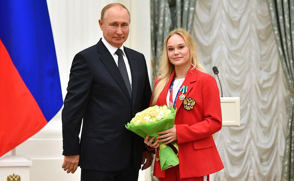 Ceremony for presenting state decorations to winners of the 2020 Summer Olympics in Tokyo. The Order of Friendship is awarded to 2020 Olympics champion in artistic gymnastics team event, bronze medallist in the all-round and floor exercises Angelina Melnikova.