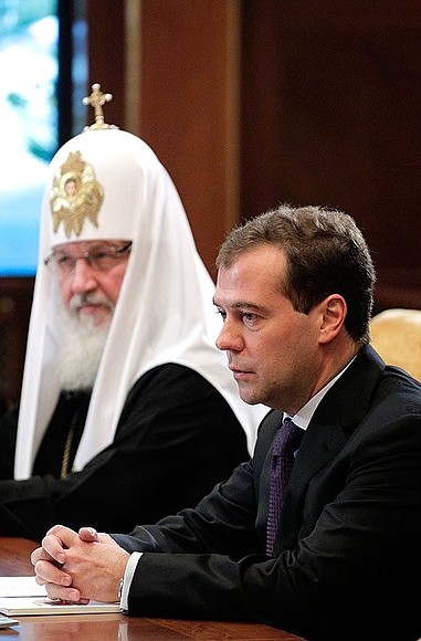 At the meeting of the Board of Trustees of St Panteleimon Monastery. With Patriarch Kirill of Moscow and All Russia.