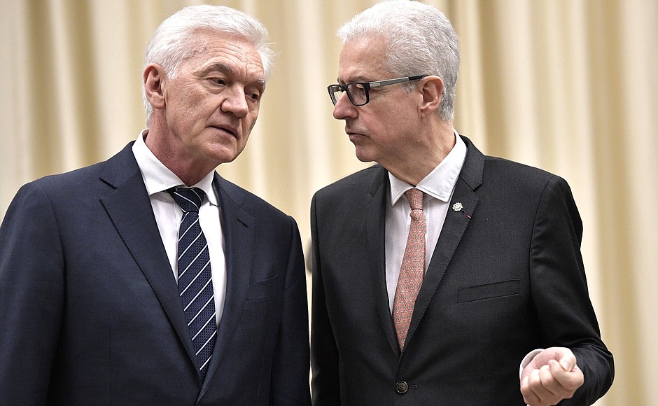 Co-chairman of the Economic Council of the Franco-Russian Chamber of Commerce and Industry, owner of Volga Group private investment company Gennady Timchenko, left, and the President of the Franco-Russian Chamber of Commerce and Industry Emmanuel Quidet prior to the meeting.