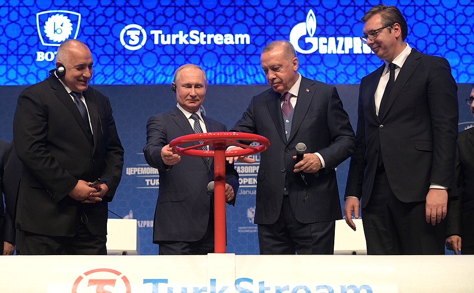Ceremony to launch TurkStream gas pipeline. With Prime Minister of Bulgaria Boyko Borissov (left), President of Turkey Recep Tayyip Erdogan and President of Serbia Aleksandar Vucic.