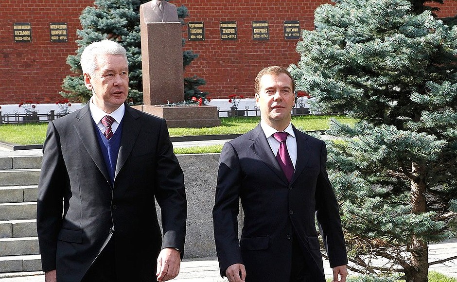 With Mayor of Moscow Sergei Sobyanin before the start of the official opening of the Moscow City Day celebrations.