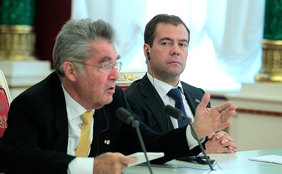 With President of Austria Heinz Fischer at the press conference following Russian-Austrian talks.