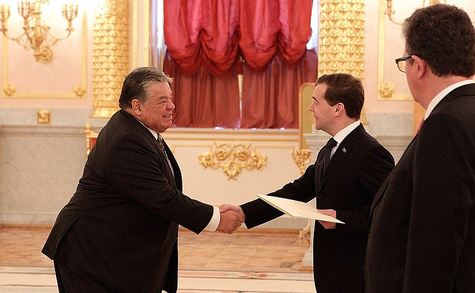 Presentation by foreign ambassadors of their letters of credence. Dmitry Medvedev receives a letter of credence from Ambassador of the Republic of Costa Rica Mario Fernandez Silva.
