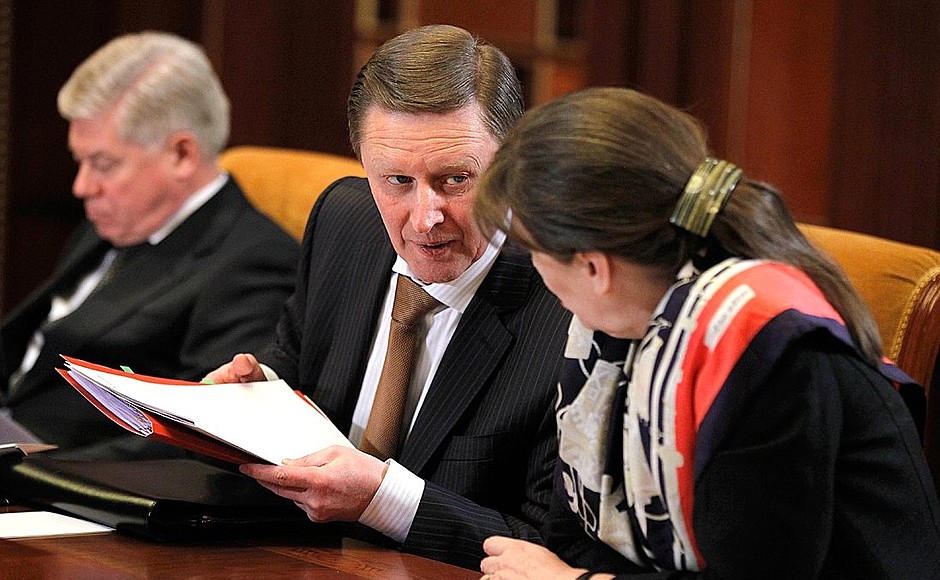President of the Supreme Court Vyacheslav Lebedev, Chief of Staff of the Presidential Executive Office Sergei Ivanov, and Presidential Aide and Head of the Presidential State-Legal Directorate Larisa Brychyova before the start of a meeting on improving judicial system.