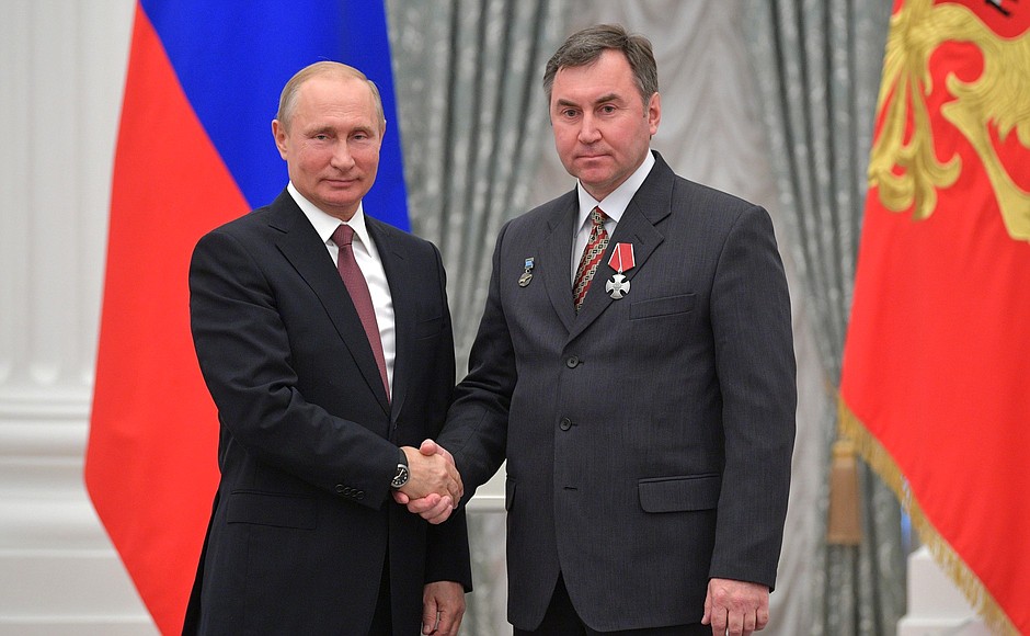 At a presentation of state decorations. Test pilot of the Ilyushin Aviation Complex (Moscow) Dmitry Komarov has been awarded the Order of Courage.