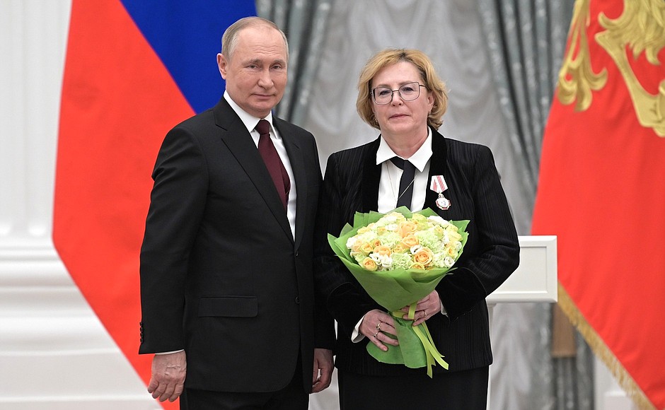 Presentation of state decorations in the Kremlin. Veronika Skvortsova, Head of the Federal Medical Biological Agency, receives the Order of Pirogov.