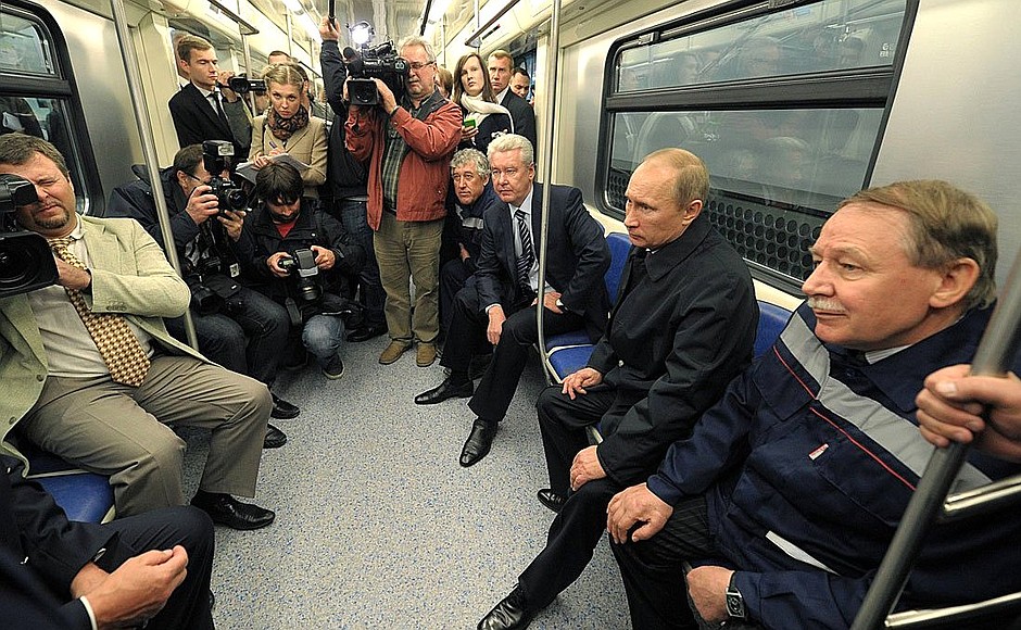 In a train during the tour of the newly opened Novokosino metro station.