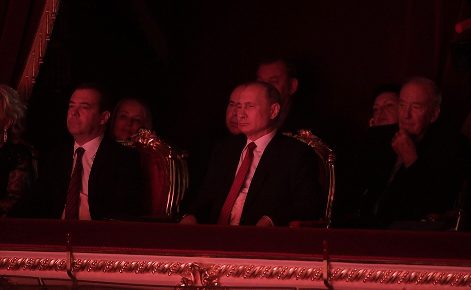 At a gala New Year event at the Bolshoi Theatre.