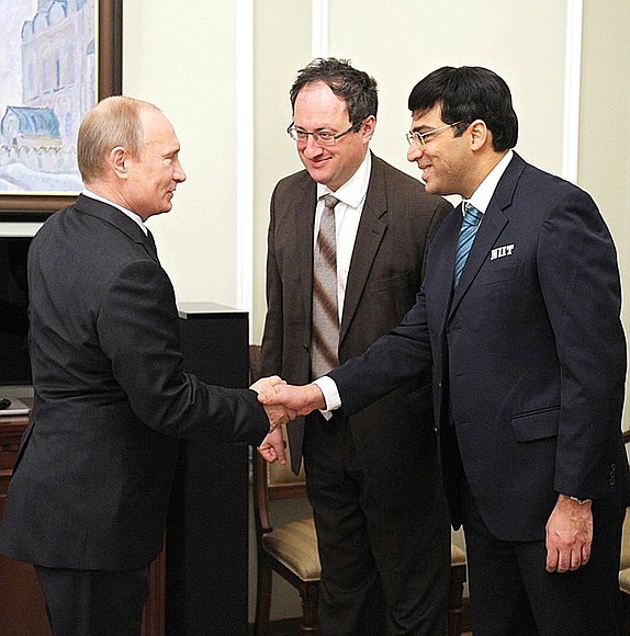 With World Chess Championship finalists Boris Gelfand (left) and Viswanathan Anand (right).