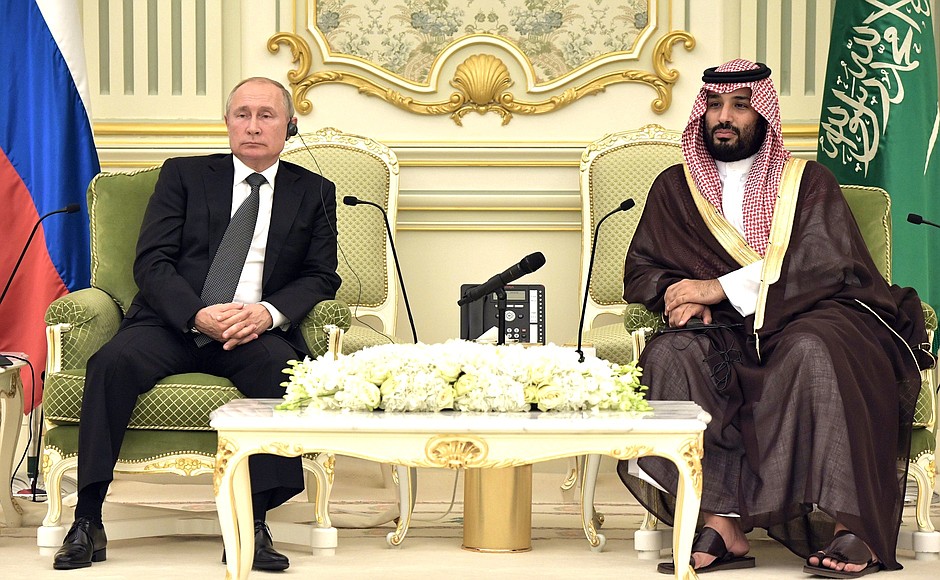 At the Russian-Saudi Economic Council meeting. With Crown Prince of Saudi Arabia Mohammad bin Salman Al Saud.