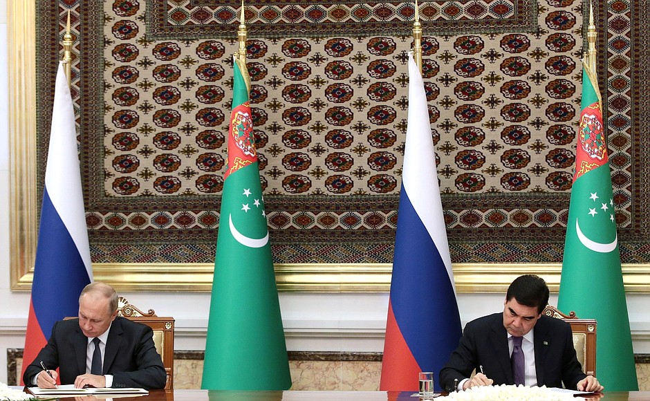 Following talks, Vladimir Putin and Gurbanguly Berdimuhamedov signed a Joint Statement of the President of the Russian Federation and the President of Turkmenistan and the Strategic Partnership Treaty between the Russian Federation and Turkmenistan.
