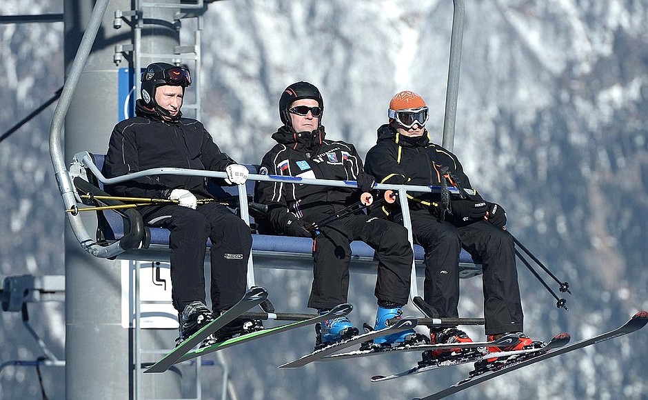 With Prime Minister Dmitry Medvedev at Laura Ski and Biathlon Centre.